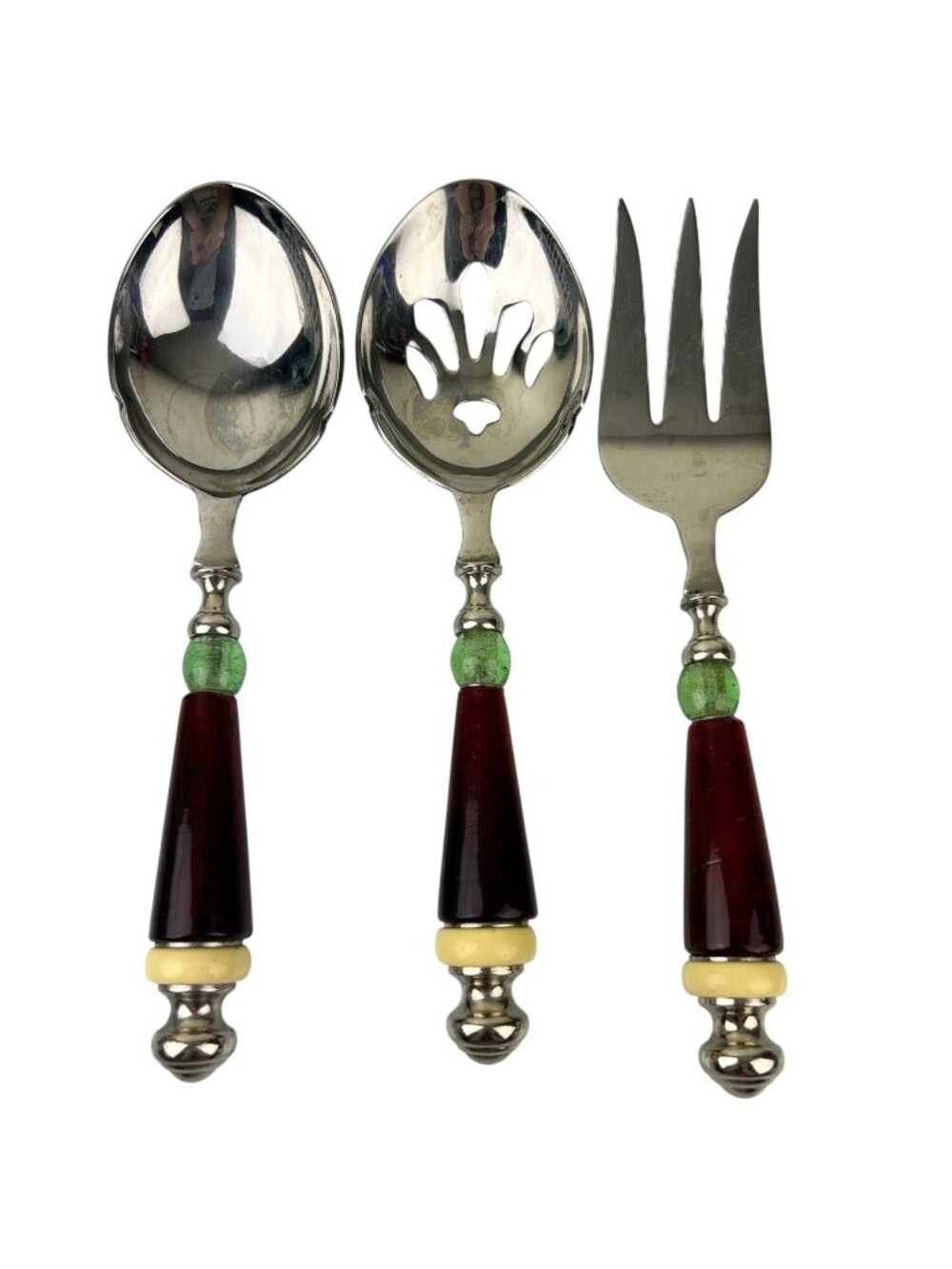 Lenox Holiday Gatherings 3 Pc Amber Green Serving Set Fork Spoon Slotted
